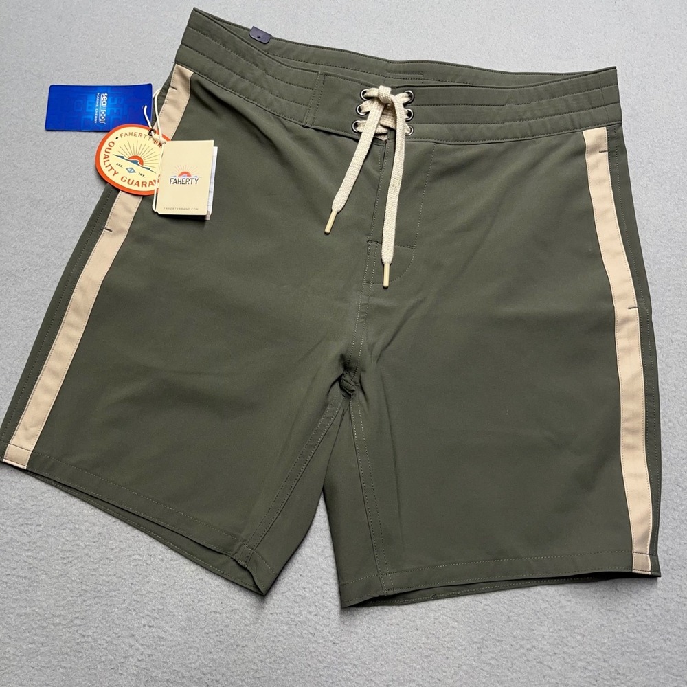 Faherty Board Shorts Olive‎ Green Tan Stripe Swim Trunks Men's 30